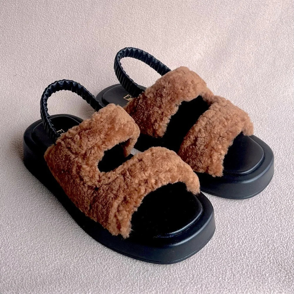 Elleme Paris Shearling Teddy Slingback Sandal Women’s 7.5 Brown & Black Classic